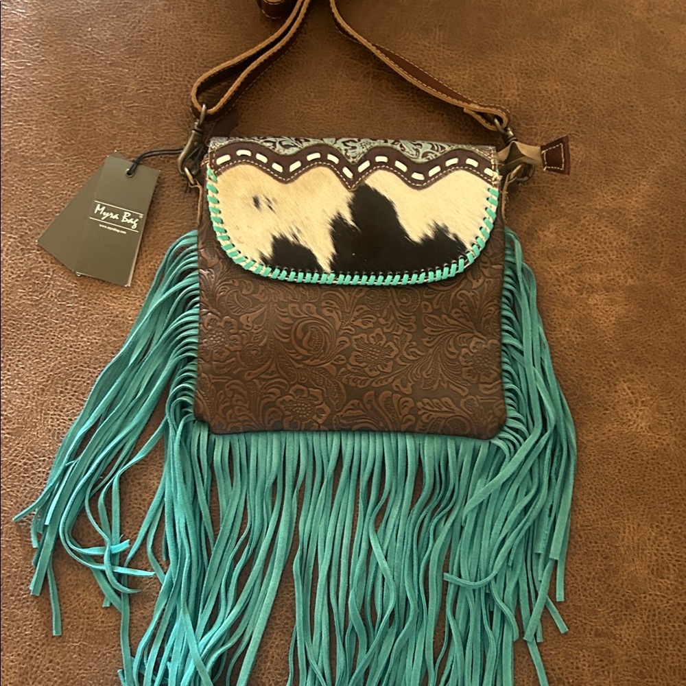 Myra Bag Brown Tooled Leather Crossbody with Turquoise Fringe and Cowhide Flap